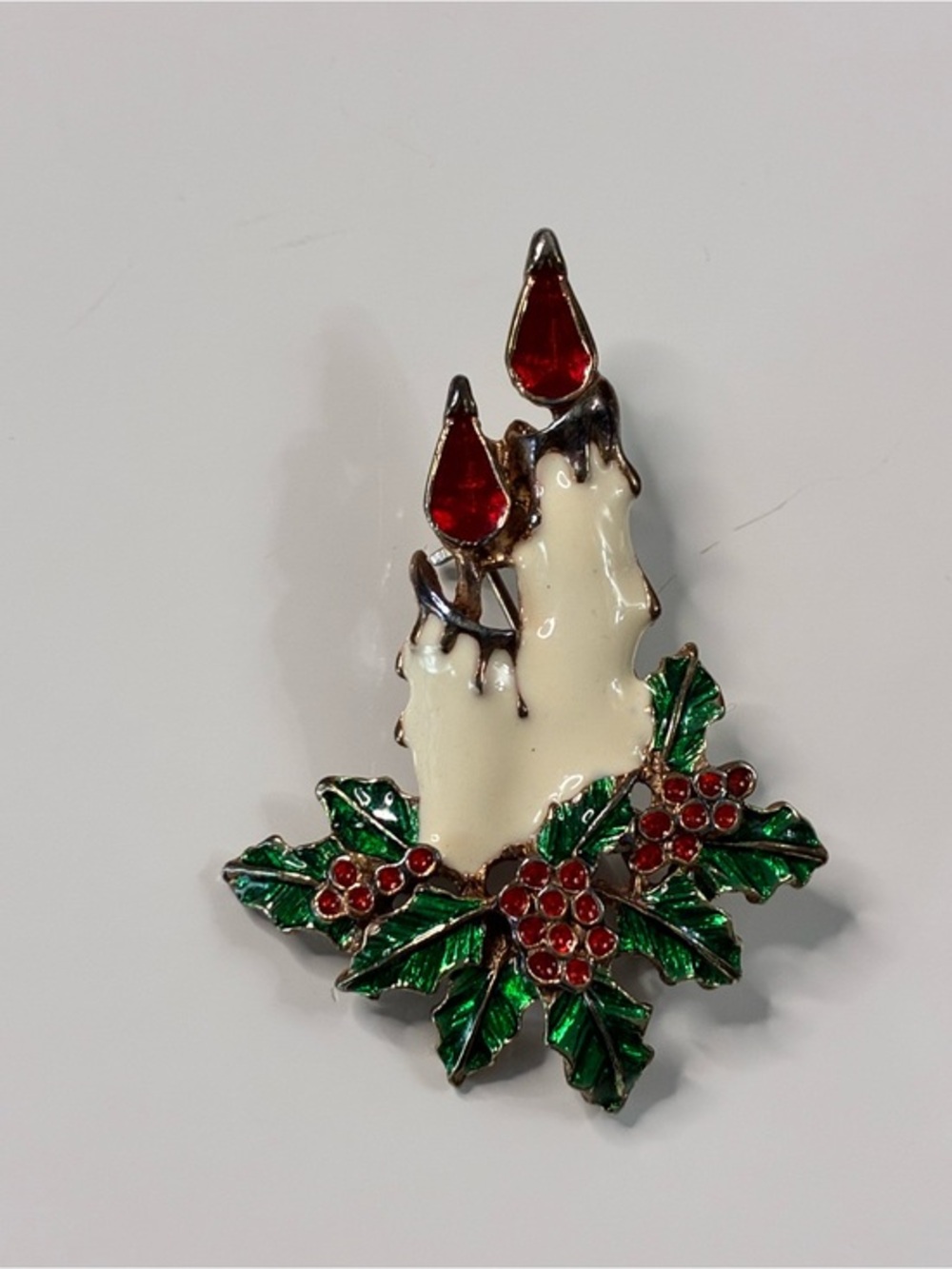 VTG Festive Christmas Enamel Candle Holly Brooch - Red, Green, Cream